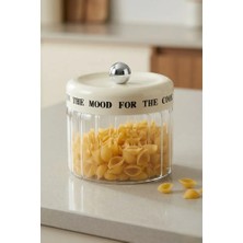 Poomy 600 ml Cam Saklama Kabı Krem Kapaklı Gümüş Detaylı Mutfak Kavanozu