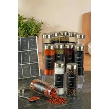Poomy 12'li Cam Baharatlık Seti - Metal Kapaklı 170 ml Siyah Etiketli Baharat Takımı & Organizer Stand