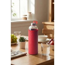 Poomy 1 Litre Deri Kılıflı Cam Matara - 1000 ml Şık Su Şişesi Kırmızı