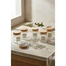 Poomy 6'lı Bambu Kapaklı Kare Cam Kavanoz Seti 300 ml - Suya Dayanıklı Etiket Hediyeli Baharatlık Takımı