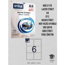 3176 Lazer Etiket A4 6'li Hazır Etiket Her Yazıcı Uyumlu 100 Sayfa 600 Etiket Yerli Üretim Tek Ebat 80 gr Beyaz Fotokopi Kağıdı A4