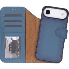 Mercansa Apple iPhone 17 Air Için, Hakiki Deri, El Yapımı Cüzdanlı Kılıf, Magsafe ile Uyumlu, Iç Yüzeyi Kadife, Gölgeli Mavi