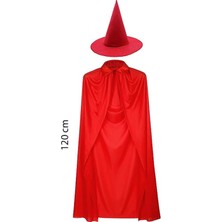 Senson Yetişkin Boy 120 cm Kırmızı Yakalı Pelerin ve Kırmızı Cadı Şapkası