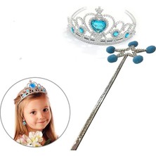 Senson Mavi Ponponlu Karlar Ülkesi Elsa Asası ve Mavi Kalp Taşlı Elsa Tacı