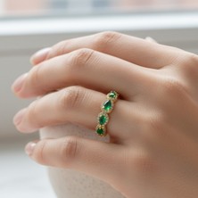 Lorivelle Kadın Sıralı Damla Zümrüt Taşlı Çelik Yüzük | 14K Altın Kaplama Ayarlanabilir Zarif Baget Model