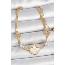 LTG Nova Çelik Gold Renk Italyan Zincir Beyaz Mineli Yonca Model Zirkon Taş Detaylı Kadın Bileklik