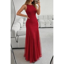 Arben Boutique Kadın Askılı Bisiklet Yaka Etek Ucu Tül Detaylı Asimetrik Kiloş Uzun Ithal Krep Elbise