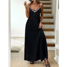 Serac Collection Kadın Ip Askılı V Şerit Yakalı Uzun Viskon Elbise