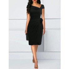 Emh Store Kadın Kısa Kollu V Asimetrik Yaka Kesimli Yandan Bağlamalı Mini Janjan Krep Elbise