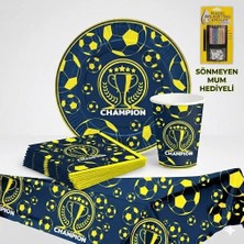 Muka Sarı Lacivert Champion Kullan At *Karton Tabak-Bardak-Peçete Masa Örtüsü* Seti,Sönmeyen Mum Hediyeli