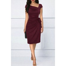 Sidelya Concept Kadın Kısa Kollu V Asimetrik Yaka Kesimli Yandan Bağlamalı Mini Janjan Krep Elbise