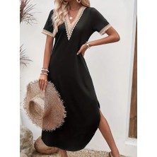 Sidelya Concept Kadın Kısa Kollu Dantel V Yakalı Uzun Viskon Elbise