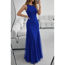 Gacha Kadın Askılı Bisiklet Yaka Etek Ucu Tül Detaylı Asimetrik Kiloş Uzun Ithal Krep Elbise