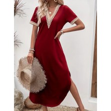 Hynova Kadın Kısa Kollu Dantel V Yakalı Uzun Viskon Elbise