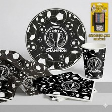 Muka Siyah Beyaz Champion Doğum Günü Karton Tabak-Bardak-Peçete Masa Örtüsü Seti,sönmeyen Mum Hediyeli