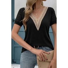 Tiana Kadın Kısa Kollu V Yakalı Dantel Detaylı Viskon Bluz