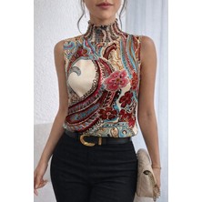 Serac Collection Kadın Kolsuz Balıkçı Yaka Desenli Süprem Bluz