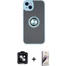 DS LLC Ieg™ iPhone 14 Kılıf Yörünge Çizgi - Siyah Bilvis 3D Mat Cam Ekran Koruyucu + Mavi Pvd Metal