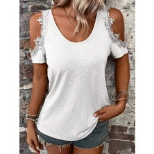 Deridün Yıldız Shoes Kadın Omuzlardan Açık Yuvarlak Yakalı Viskon Bluz