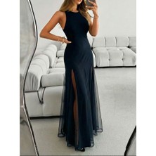 Deridün Yıldız Shoes Kadın Askılı Bisiklet Yaka Etek Ucu Tül Detaylı Asimetrik Kiloş Uzun Ithal Krep Elbise