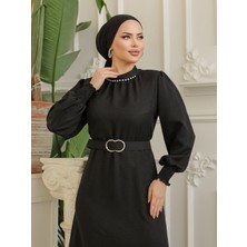 Moda Morfo Yakası Taşlı Büzgü Kollu Kemerli Keten Elbise  -Siyah