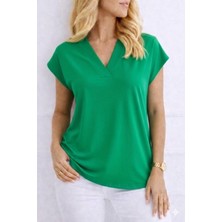 Nnstartshopping  Kadın V Yaka Kısa Kol Dokuma Viskon Kumaş Bluz