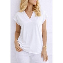 Emh Store Kadın V Yaka Kısa Kol Dokuma Viskon Kumaş Bluz