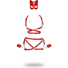 bebekokusu Kırmızı Harness Takım Deri Kedi Maskeli Zincir Detaylı - BRF1036