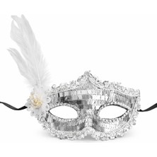 Alvera Gümüş Tüylü Payetli Lüks Taşlı Parti Maskesi