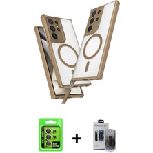 Masa Dostu Ieg™ Galaxy S24 Ultra Kılıf Atlas Doku Koleksiyonu - Siyah Vanessa Magic Hayalet Cam + Sarı Raz