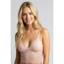 New Bra Dantel Çiçek Motifli Crop Bralet | Pudra 8427