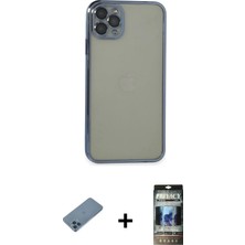 Masa Dostu Ieg™ iPhone 11 Pro Max Kılıf Vadi Minimal - Siyah 34D Hayalet Izgaralı Cam + Mavi Shine Kamera