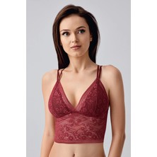New Bra Çiçek Motifli Uzun Dantel Crop Bralet | Bordo 8329