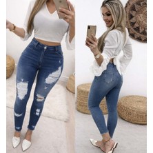 Lunelis Kadın Yüksek Bel Düğmeli Yırtık Kot Pantolon