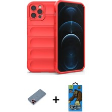 Masa Dostu Ieg™ iPhone 12 Pro Max Kılıf Atlas Koleksiyonu - Siyah 18D Cam Ekran Koruyucu + Kırmızı Metal