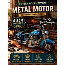 Vintage Metal Motor Dekoratif Motosiklet Modeli 40 cm Büyük Boy Mavi Retro Chopper Ev Ofis Dekoru