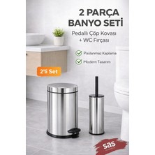 Sas Haus Pedallı 8 Lt Paslanmaz Metal Çöp Kovası ve Tuvalet Fırçası, 2’li Banyo ve Wc Seti – Krom Titan 7108