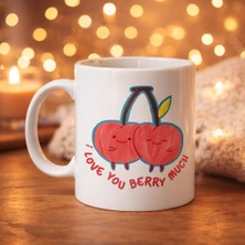 Fun And Market Buğz I Love You Berry Much Tasarımlı Kupa Model 12 Sevimli Kiraz Desenli Porselen Kahve Kupası - Hediye Fincanı