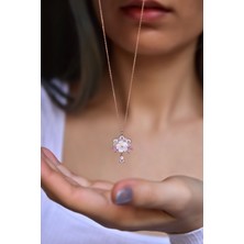 PremiumPort 925 Ayar Gümüş Rose Kaplama Pembe Taşlı Sedef Çiçek Damla Kolye