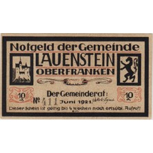 Banknoting Almanya 10 Pfennig 1921 Notgeld-Lauenstein Belediyesi. Çil.
