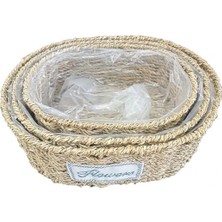 Fun And Market Buğz Oval Doğal Hasır Saksı Seti - 3'lü