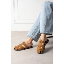 Shoetek Laverya Kadın Terlik Bantlı Tokalı Taba Süet