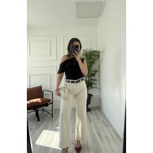 Kadın Wide Leg Kemerli Bej Jean