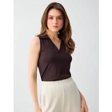 Jimmy Key Acı Kahve Polo Yaka Kolsuz Dar Kesim Örme Bluz