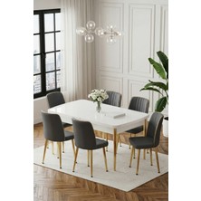 Deren Home Ada Gold Serisi 80X132 Açılabilir Masa +6 Adet Silinebilir Sandalye Metal Ayaklı Masa Takımı