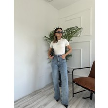 Kadın Wide Leg Taşlı Jean Mavi
