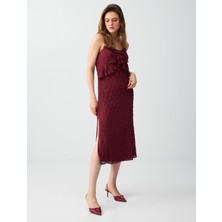 Jimmy Key Bordo Dar Kesim Açık Yaka Dantel Detaylı Midi Elbise