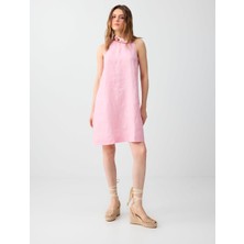 Jimmy Key Pembe %100 Keten Kolsuz Bisiklet Yaka Mini Elbise