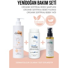 Clooe Vegan Organik Göz Yakmayan Bebek Şampuanı Talk Içermeyen Pudra ve Nemlendirici Bebek Yağı Hassas Cilt Uyumlu Yeni Doğan Arındırıcı ve Koruyucu 3'lü Bakım Seti