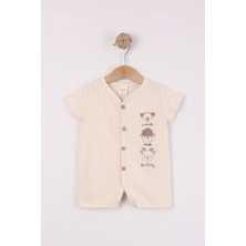 Joy Kids Erkek Bebek %100 Pamuk Nakışlı Ahşap Düğmeli Müslin Tulum (0-9AY) (Bej)